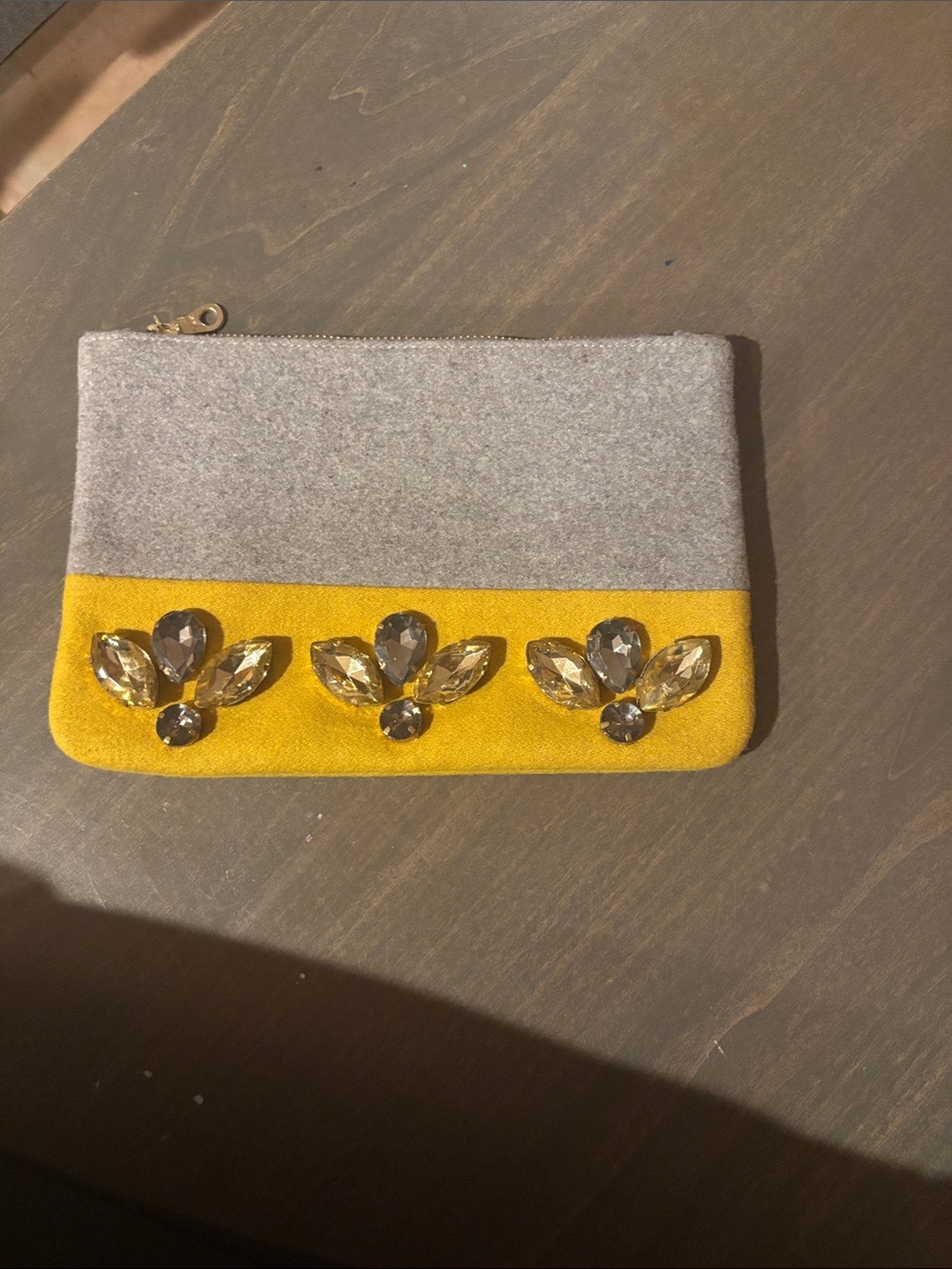 Embellished Gray and Mustard Yellow Zip Clutch